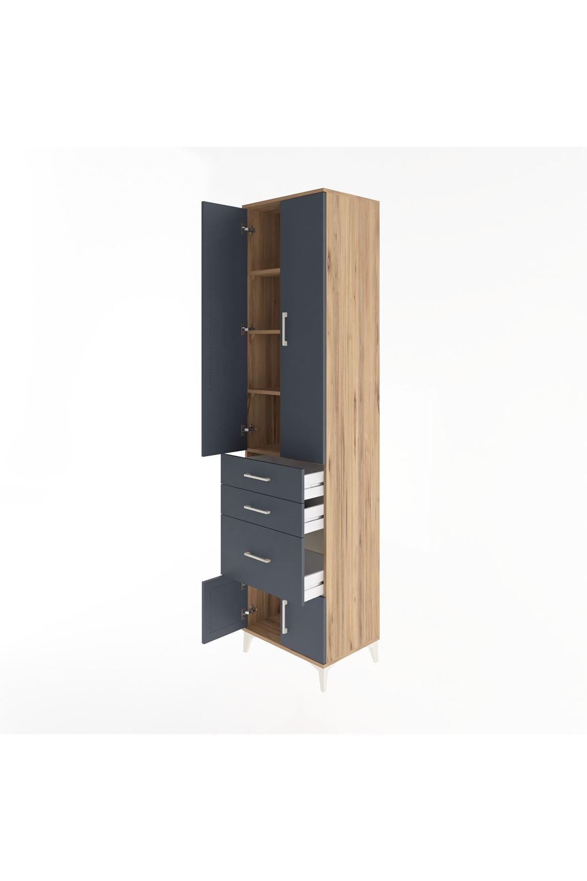 Hyperion Dolap 4 Raflı 3 Çekmeceli 4 Kapaklı 60x44x243 Çam-Antrasit