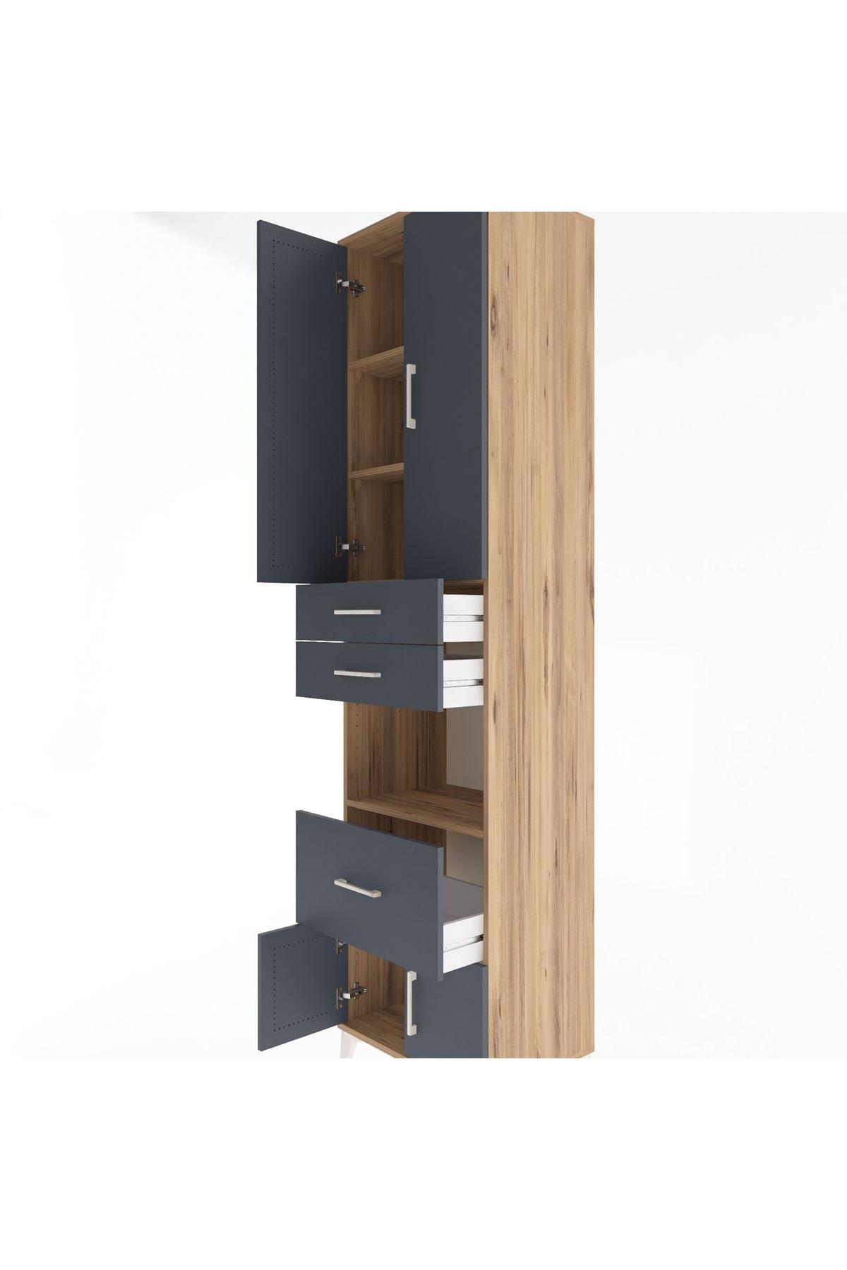 Hyperion Dolap 4 Raflı 3 Çekmeceli 4 Kapaklı 60x44x243 Çam-Antrasit