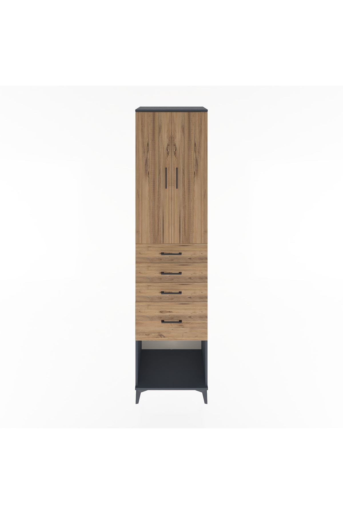 Hyperion Dolap 3 Raflı 4 Çekmeceli 2 Kapaklı 60x44x243 Antrasit-Çam