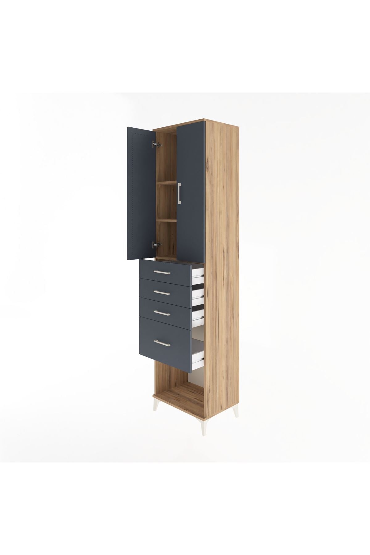 Hyperion Dolap 3 Raflı 4 Çekmeceli 2 Kapaklı 60x44x243 Çam-Antrasit