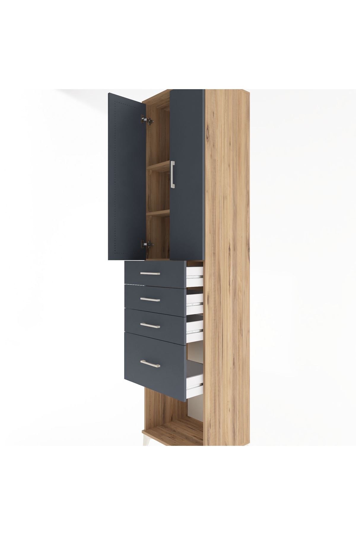 Hyperion Dolap 3 Raflı 4 Çekmeceli 2 Kapaklı 60x44x243 Çam-Antrasit