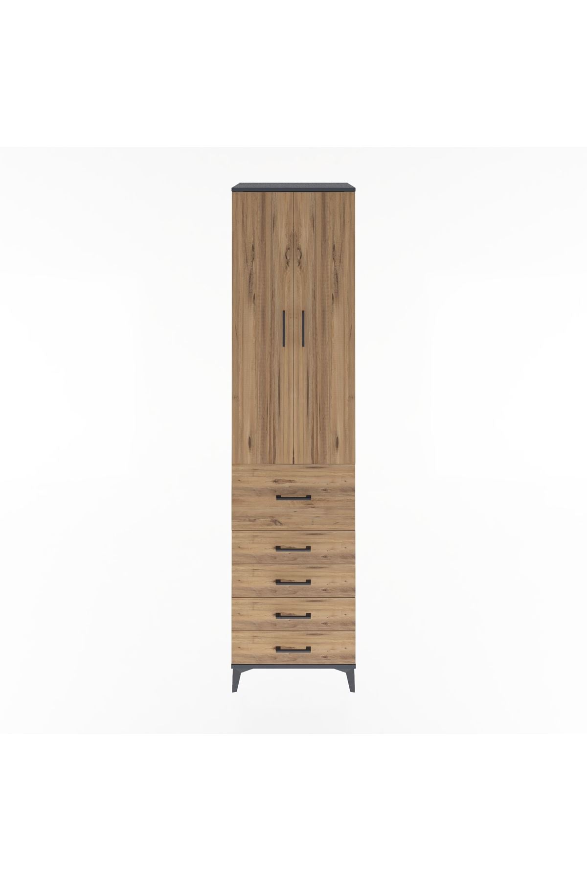 Hyperion Dolap 4 Raflı 5 Çekmeceli 2 Kapaklı 60x44x243 Antrasit-Çam