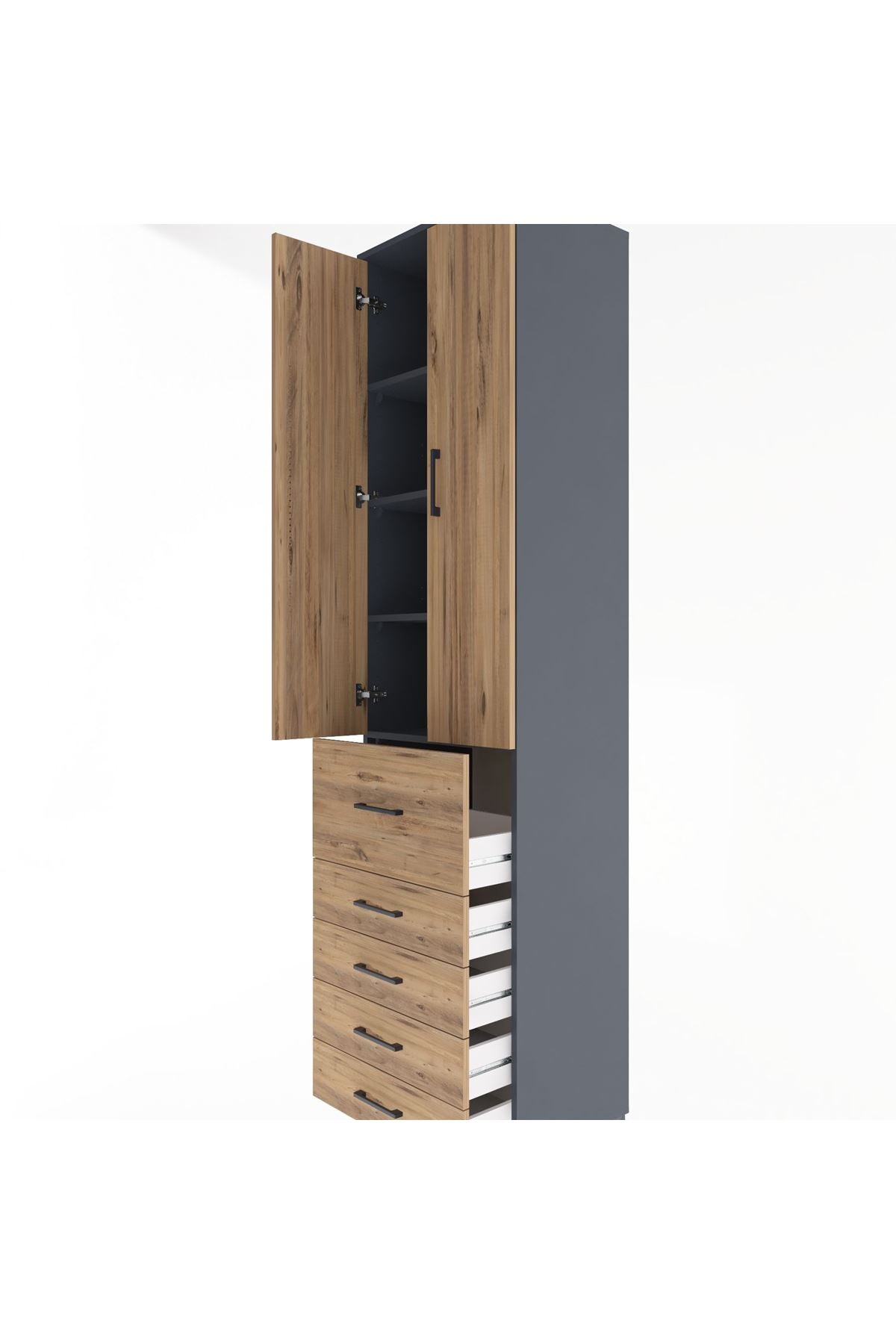 Hyperion Dolap 4 Raflı 5 Çekmeceli 2 Kapaklı 60x44x243 Antrasit-Çam