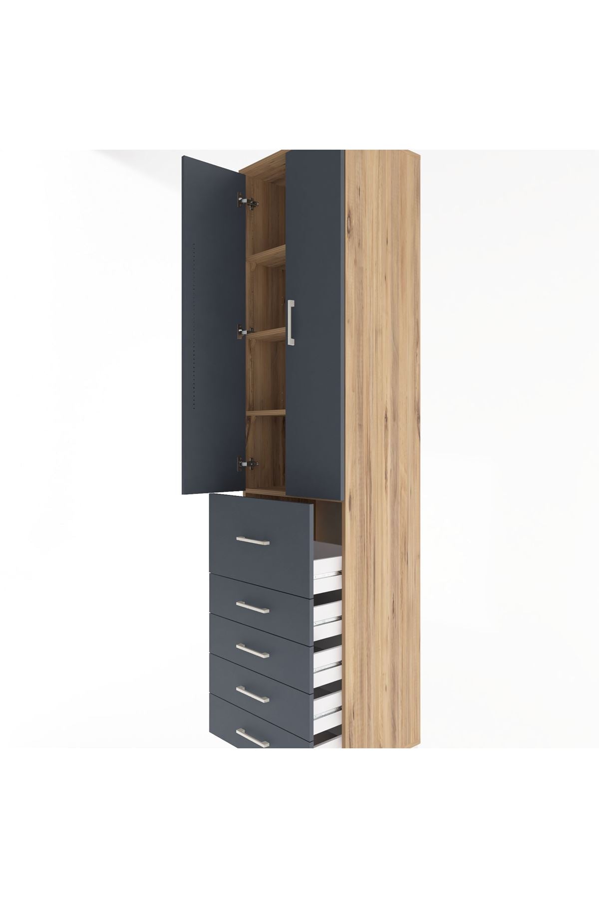Hyperion Dolap 4 Raflı 5 Çekmeceli 2 Kapaklı 60x44x243 Çam-Antrasit