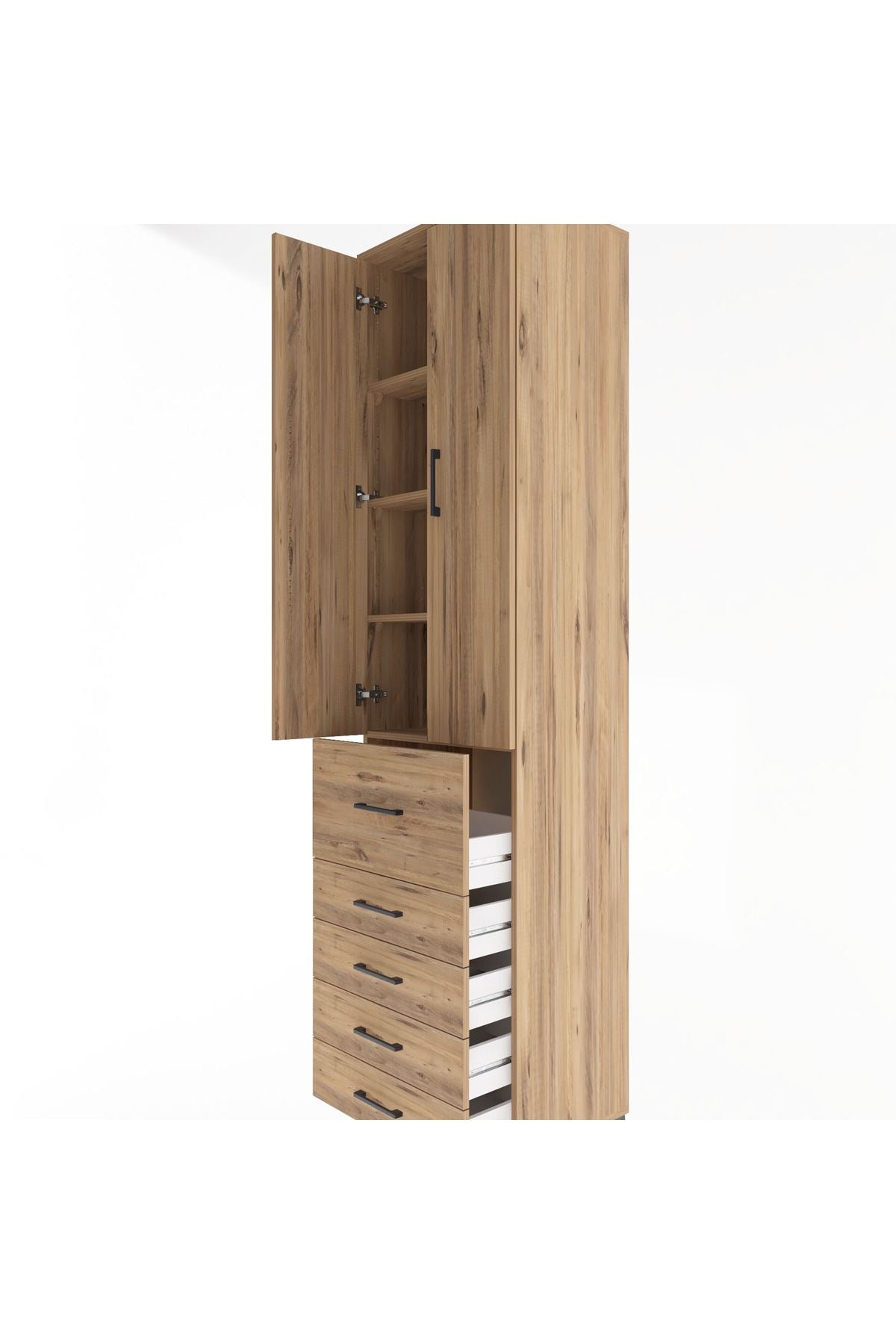 Hyperion Dolap 4 Raflı 5 Çekmeceli 2 Kapaklı 60x44x243 Çam-Çam