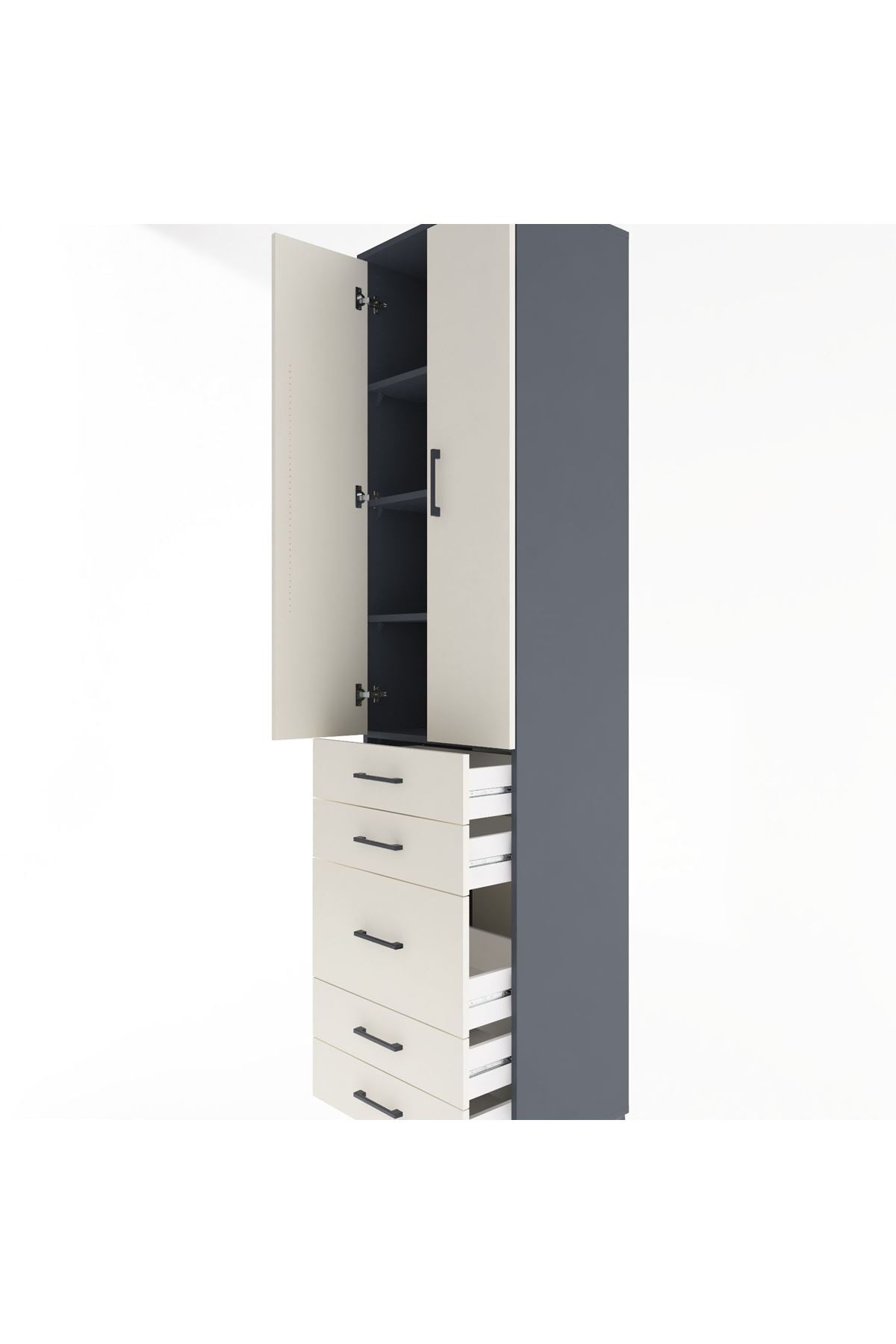 Hyperion Dolap 4 Raflı 5 Çekmeceli 2 Kapaklı 60x44x243 Antrasit-Aytaşı