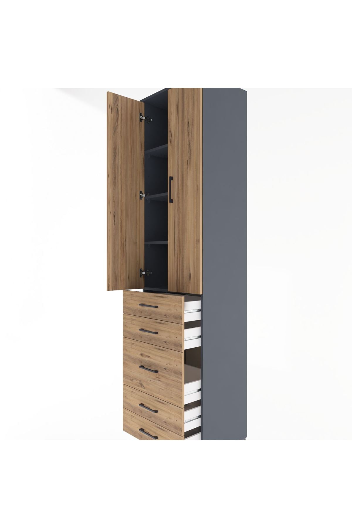 Hyperion Dolap 4 Raflı 5 Çekmeceli 2 Kapaklı 60x44x243 Antrasit-Çam