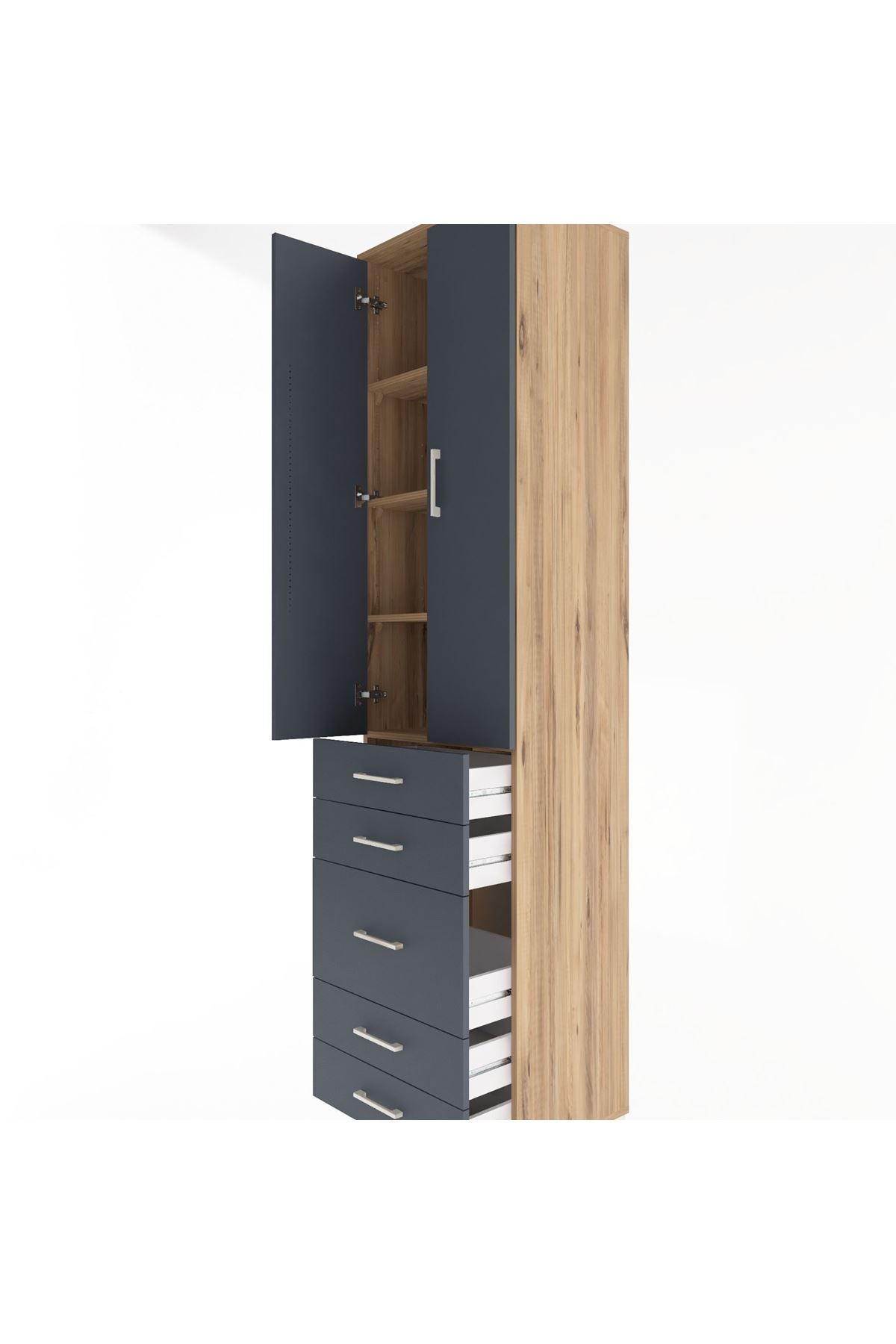 Hyperion Dolap 4 Raflı 5 Çekmeceli 2 Kapaklı 60x44x243 Çam-Antrasit