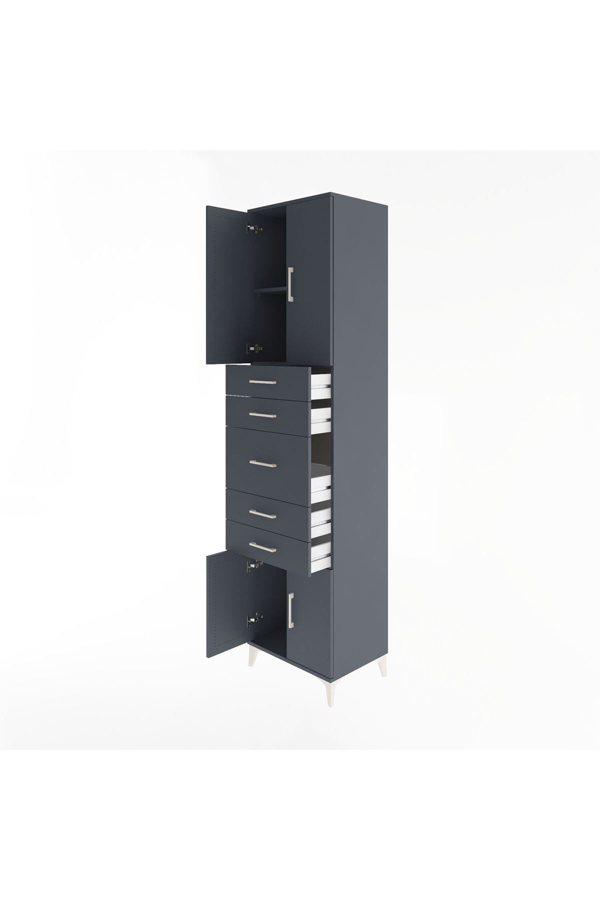 Hyperion Dolap 2 Raflı 5 Çekmeceli 4 Kapaklı 60x44x243 Antrasit-Antrasit