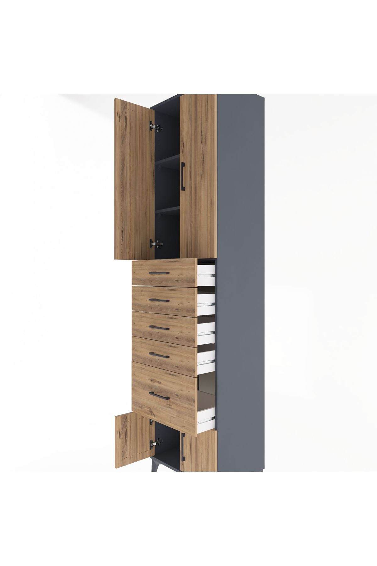 Hyperion Dolap 3 Raflı 5 Çekmeceli 4 Kapaklı 60x44x243 Antrasit-Çam