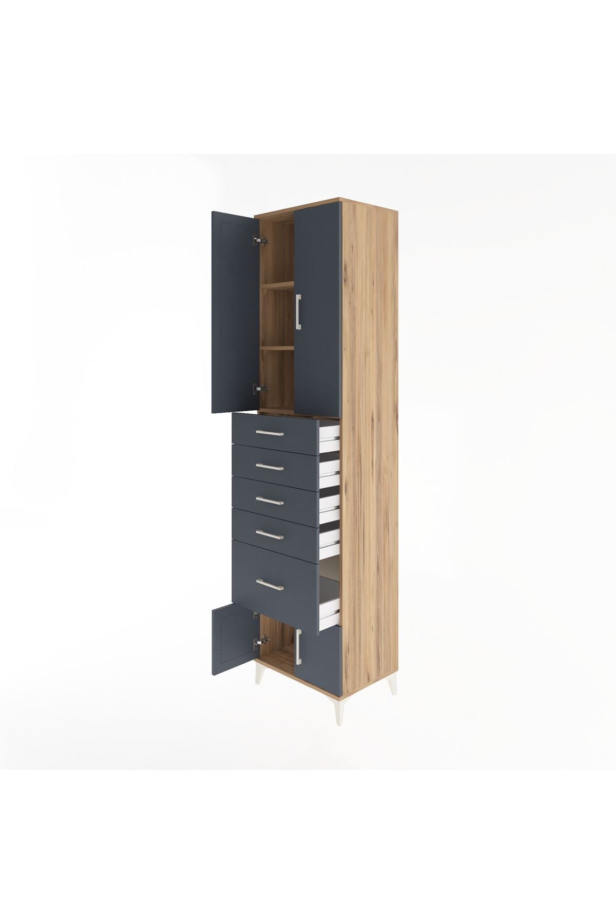 Hyperion Dolap 3 Raflı 5 Çekmeceli 4 Kapaklı 60x44x243 Çam-Antrasit