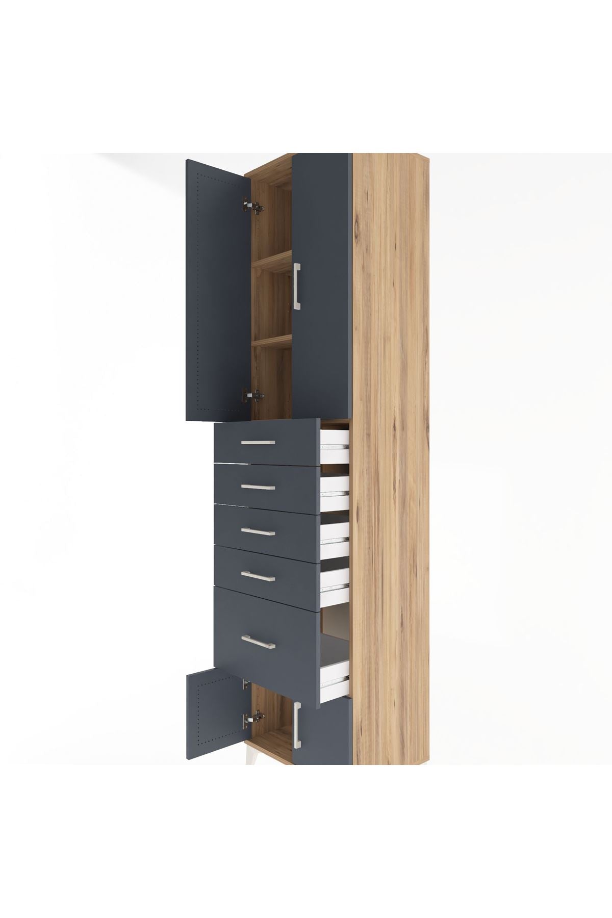 Hyperion Dolap 3 Raflı 5 Çekmeceli 4 Kapaklı 60x44x243 Çam-Antrasit