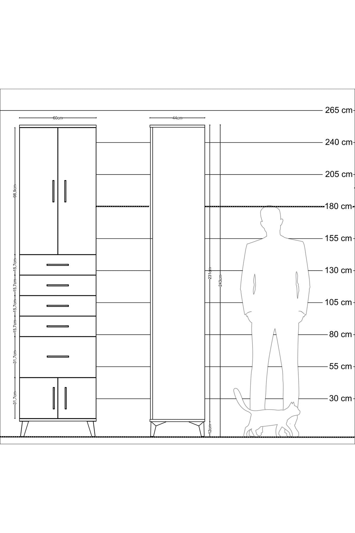Hyperion Dolap 3 Raflı 5 Çekmeceli 4 Kapaklı 60x44x243 Çam-Antrasit