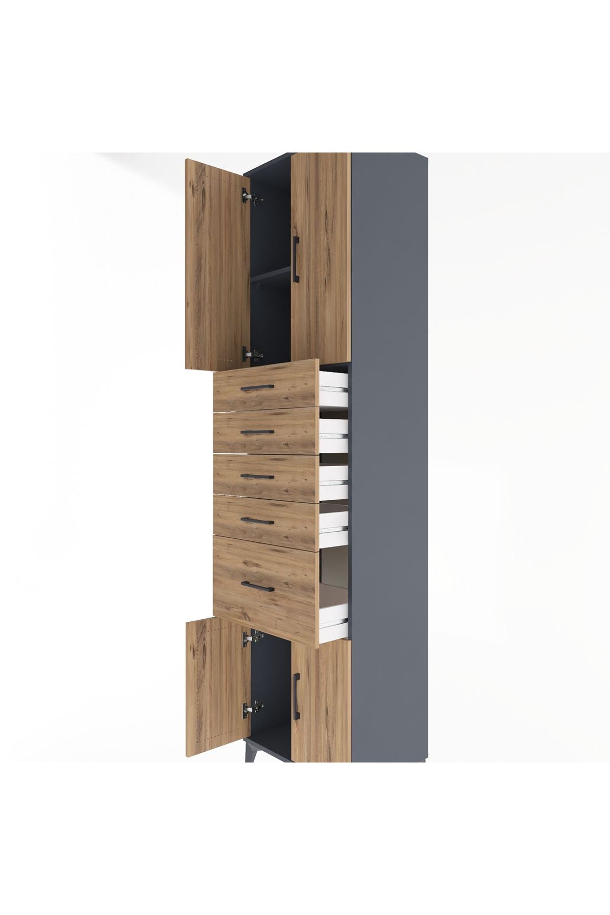 Hyperion Dolap 2 Raflı 5 Çekmeceli 4 Kapaklı 60x44x243 Antrasit-Çam