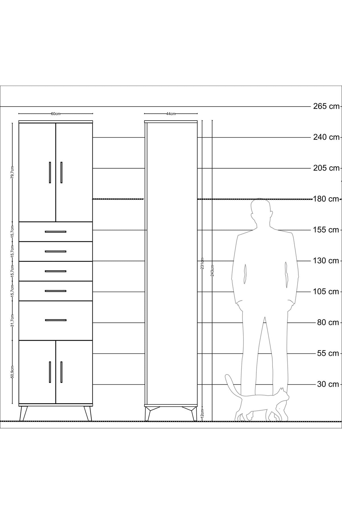 Hyperion Dolap 2 Raflı 5 Çekmeceli 4 Kapaklı 60x44x243 Çam-Antrasit