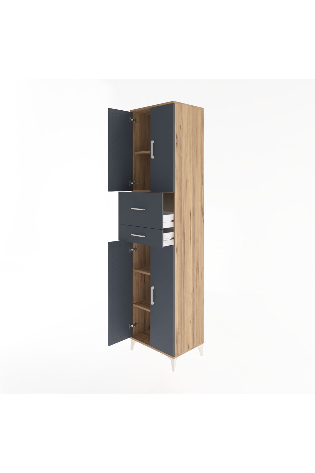 Hyperion Dolap 4 Raflı 2 Çekmeceli 4 Kapaklı 60x44x243 Çam-Antrasit