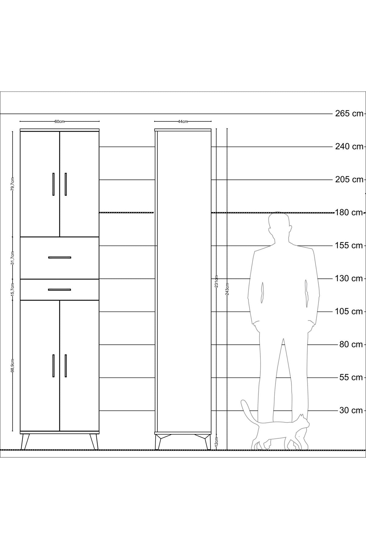 Hyperion Dolap 4 Raflı 2 Çekmeceli 4 Kapaklı 60x44x243 Çam-Antrasit