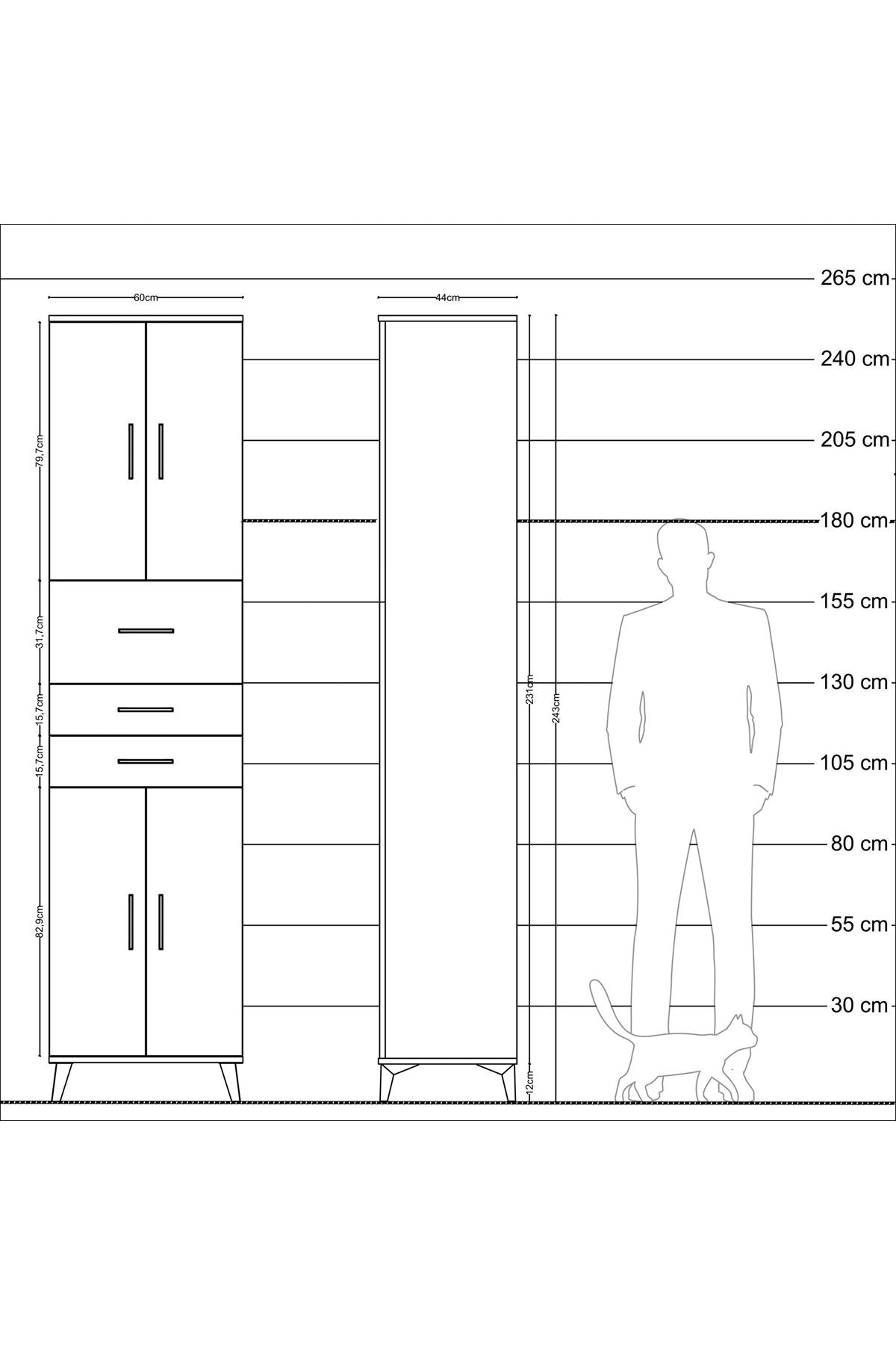 Hyperion Dolap 3 Raflı 3 Çekmeceli 4 Kapaklı 60x44x243 Antrasit-Çam