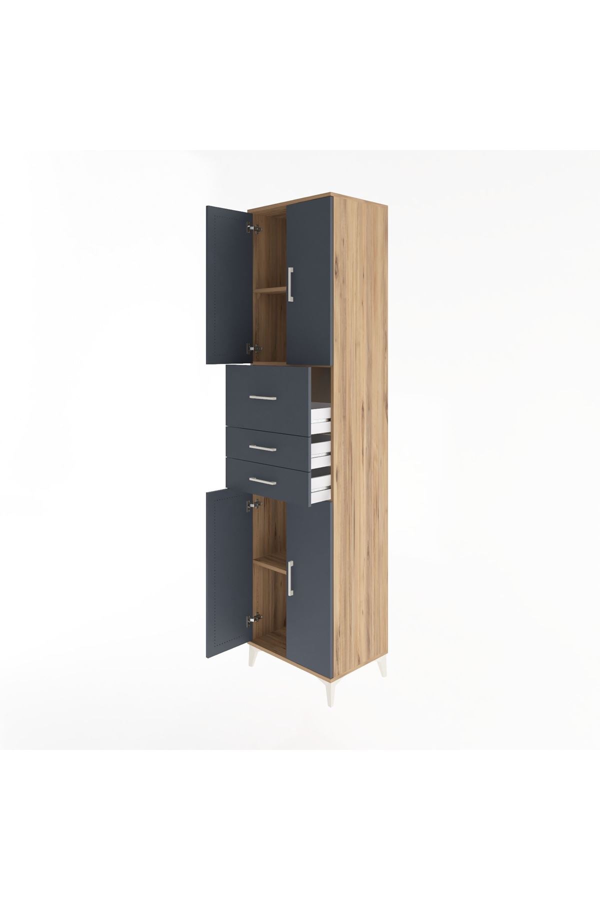 Hyperion Dolap 3 Raflı 3 Çekmeceli 4 Kapaklı 60x44x243 Çam-Antrasit