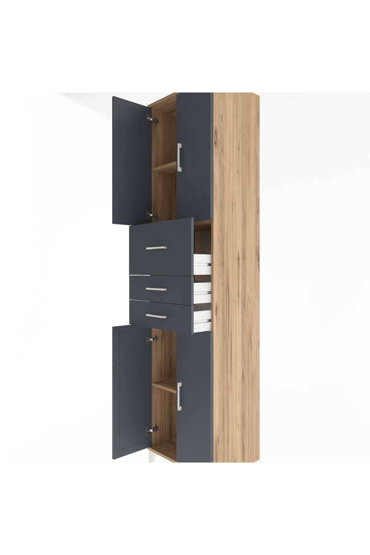 Hyperion Dolap 3 Raflı 3 Çekmeceli 4 Kapaklı 60x44x243 Çam-Antrasit