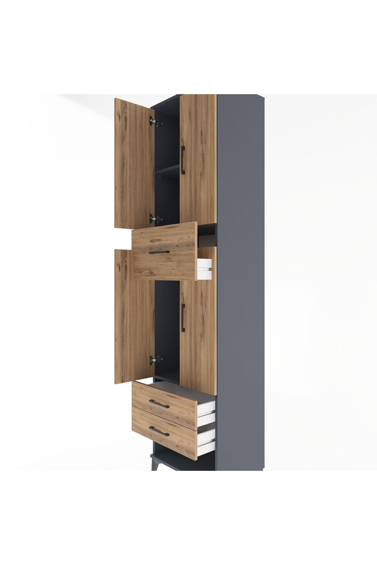 Hyperion Dolap 3 Raflı 3 Çekmeceli 4 Kapaklı 60x44x243 Antrasit-Çam