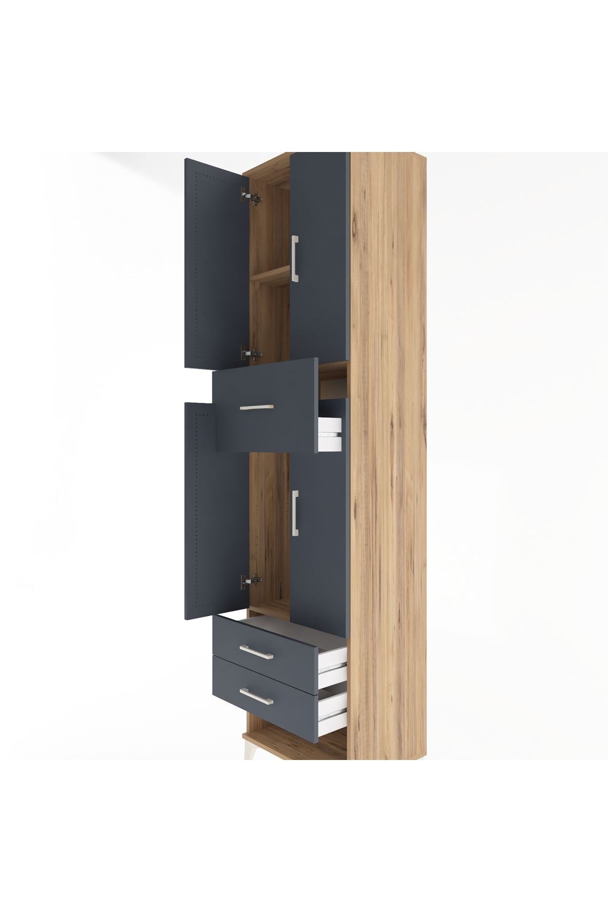 Hyperion Dolap 3 Raflı 3 Çekmeceli 4 Kapaklı 60x44x243 Çam-Antrasit