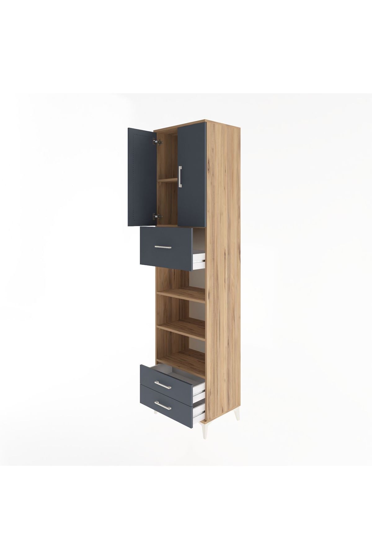 Hyperion Dolap 5 Raflı 3 Çekmeceli 2 Kapaklı 60x44x243 Çam-Antrasit