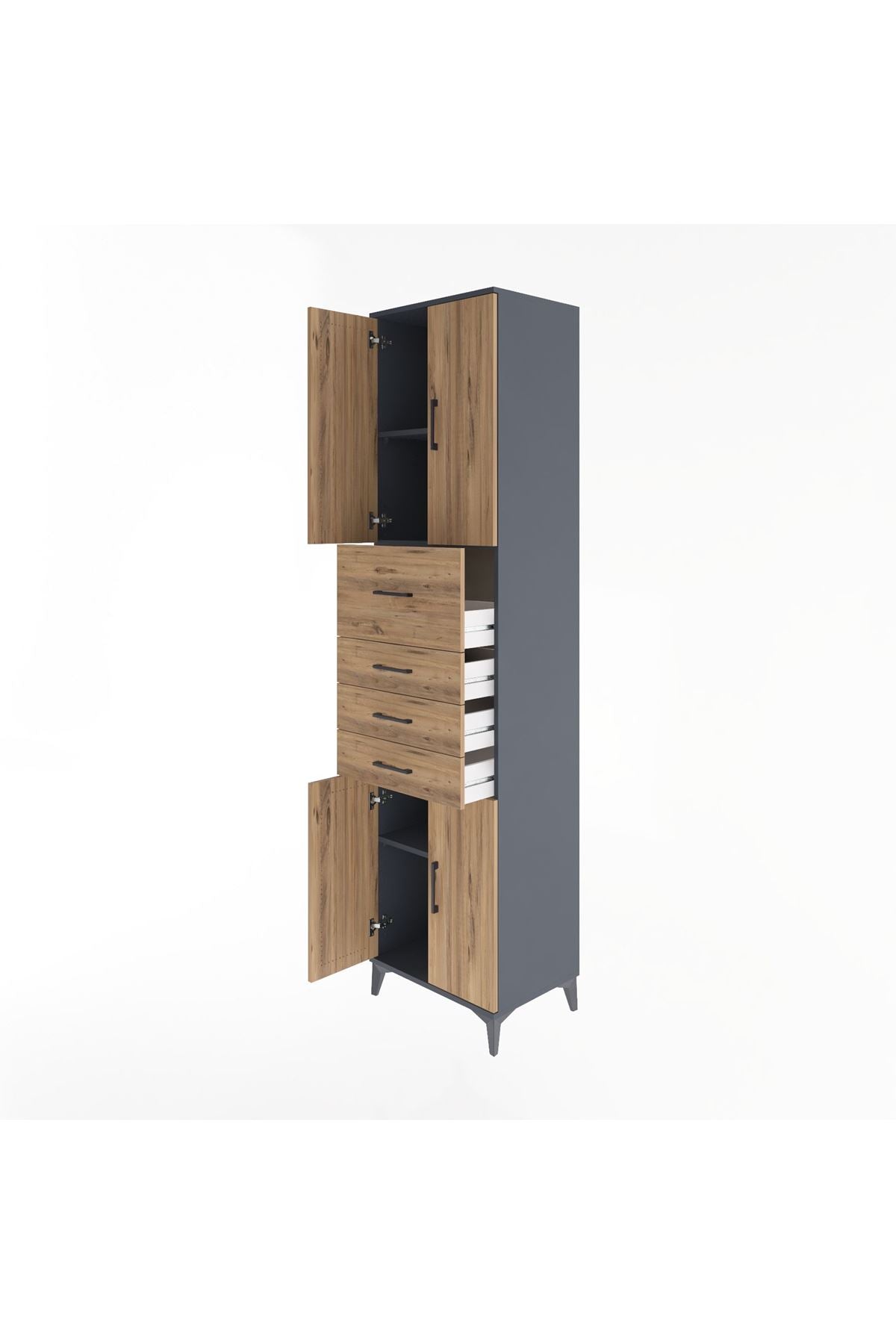 Hyperion Dolap 3 Raflı 4 Çekmeceli 4 Kapaklı 60x44x243 Antrasit-Çam