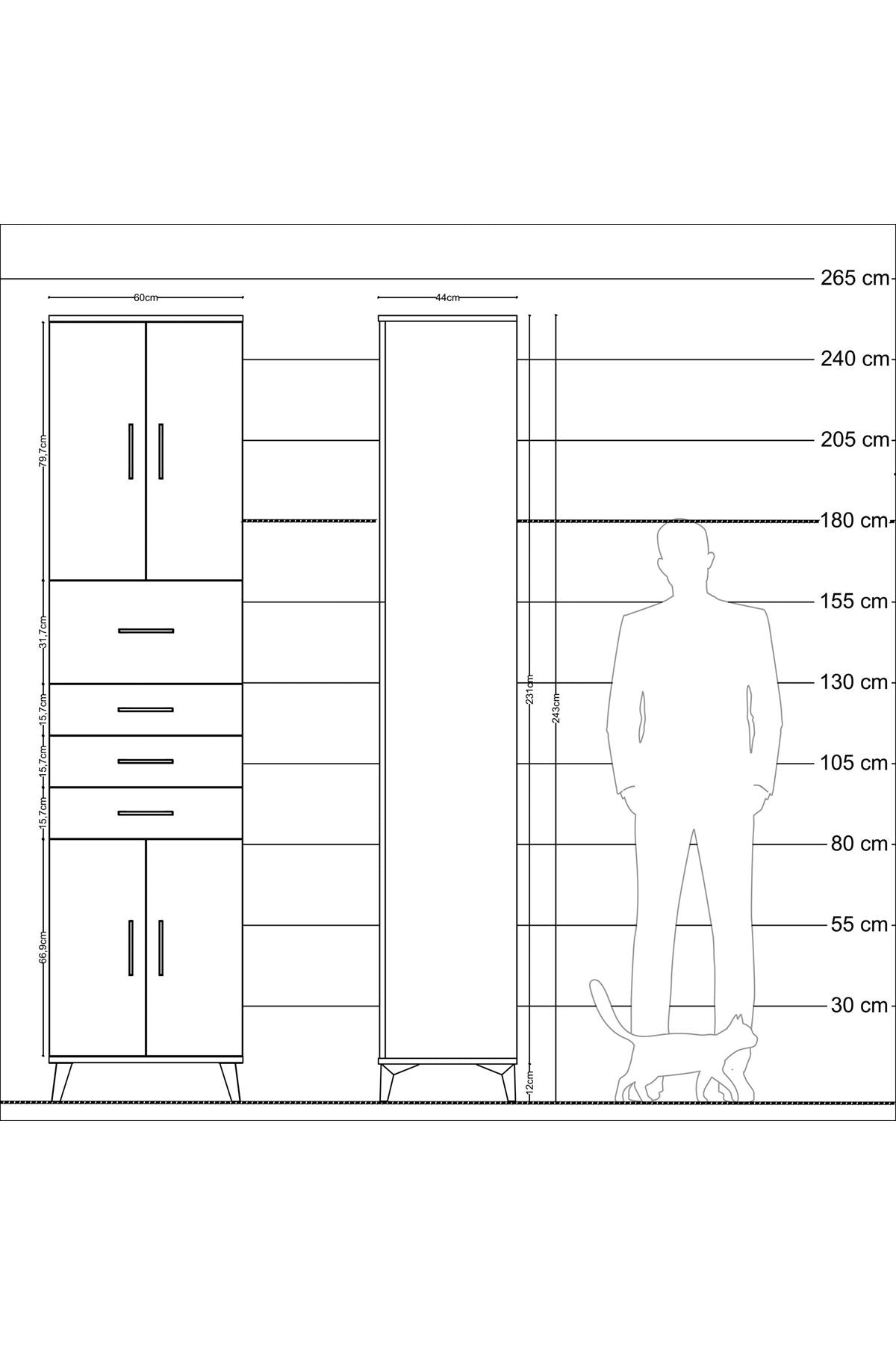 Hyperion Dolap 3 Raflı 4 Çekmeceli 4 Kapaklı 60x44x243 Çam-Antrasit