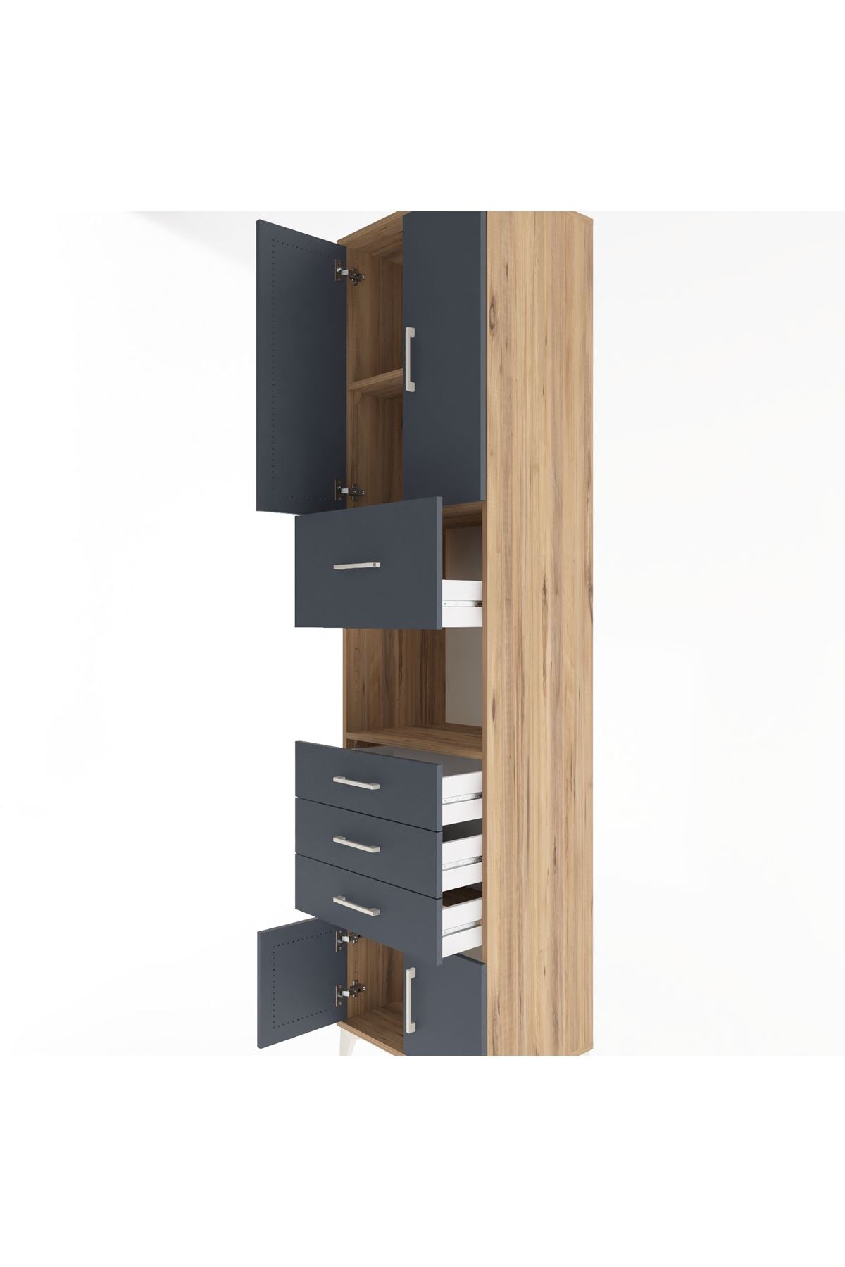 Hyperion Dolap 3 Raflı 4 Çekmeceli 4 Kapaklı 60x44x243 Çam-Antrasit