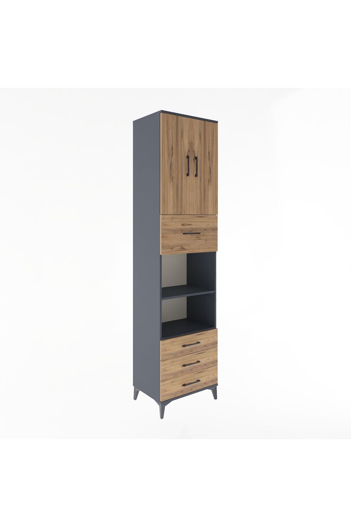 Hyperion Dolap 4 Raflı 4 Çekmeceli 2 Kapaklı 60x44x243 Antrasit-Çam