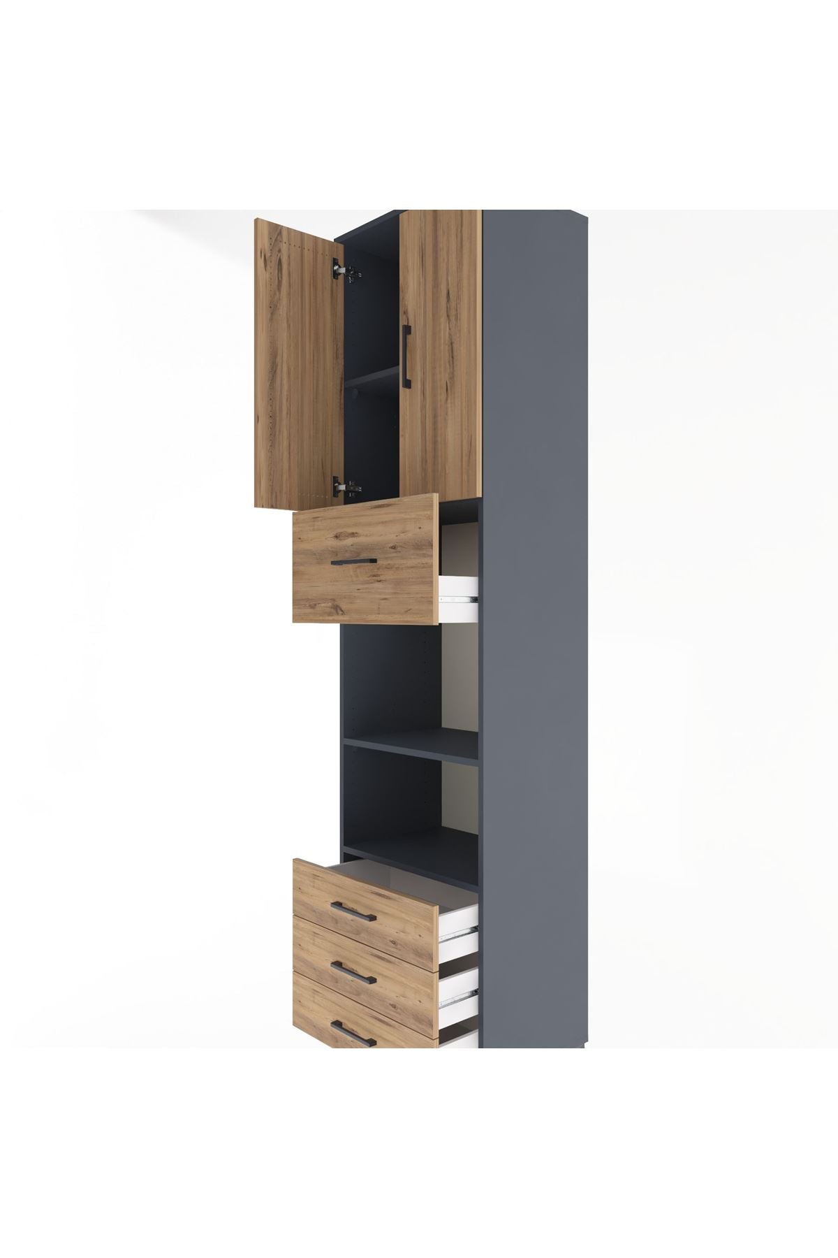 Hyperion Dolap 4 Raflı 4 Çekmeceli 2 Kapaklı 60x44x243 Antrasit-Çam