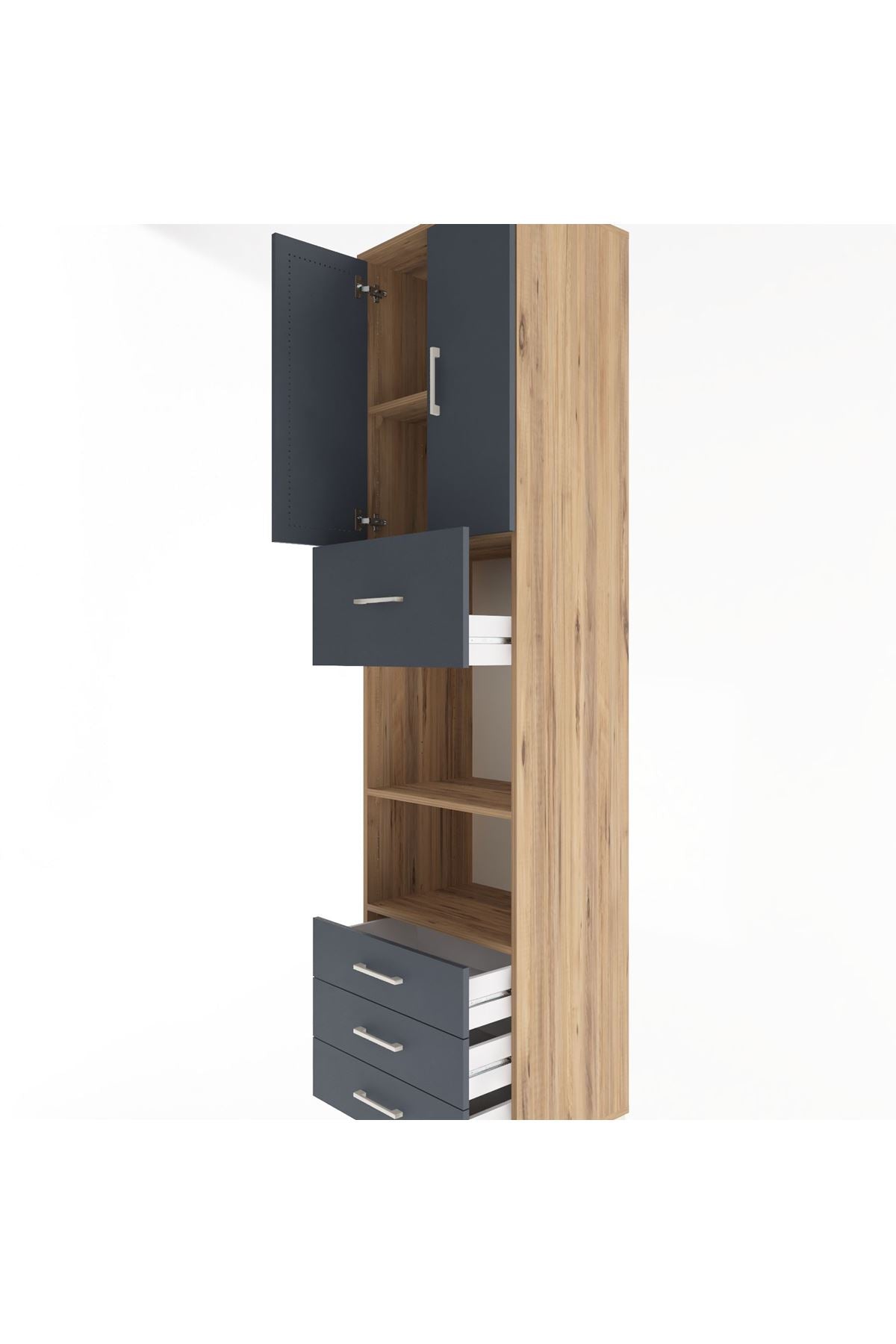 Hyperion Dolap 4 Raflı 4 Çekmeceli 2 Kapaklı 60x44x243 Çam-Antrasit