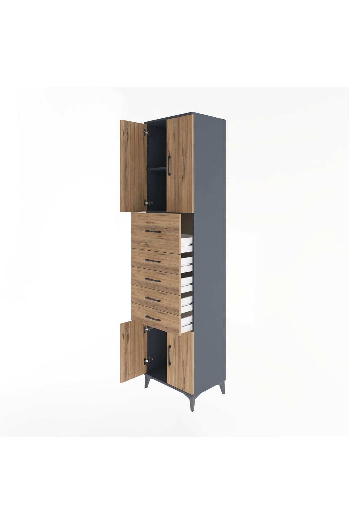 Hyperion Dolap 2 Raflı 5 Çekmeceli 4 Kapaklı 60x44x243 Antrasit-Çam