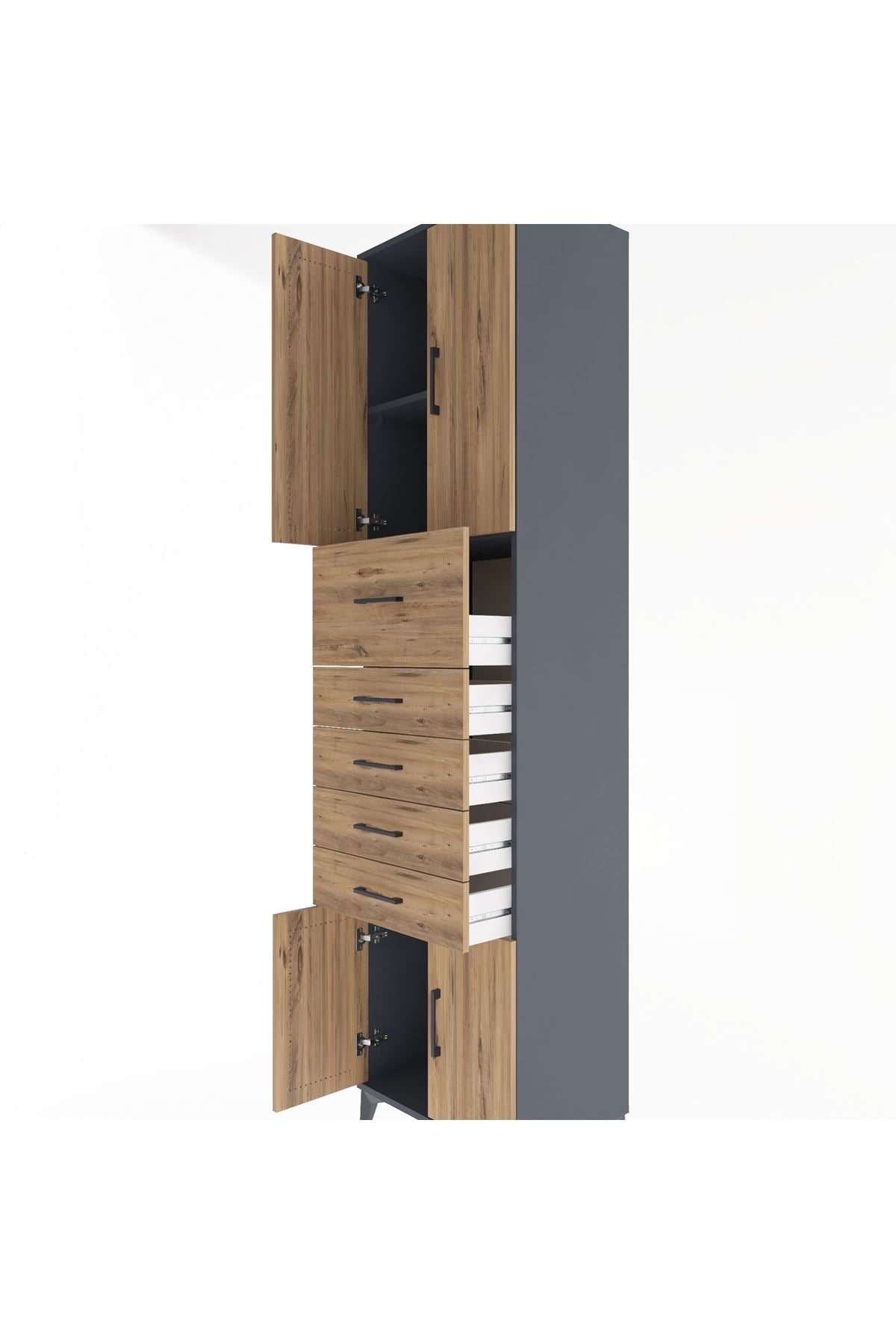 Hyperion Dolap 2 Raflı 5 Çekmeceli 4 Kapaklı 60x44x243 Antrasit-Çam