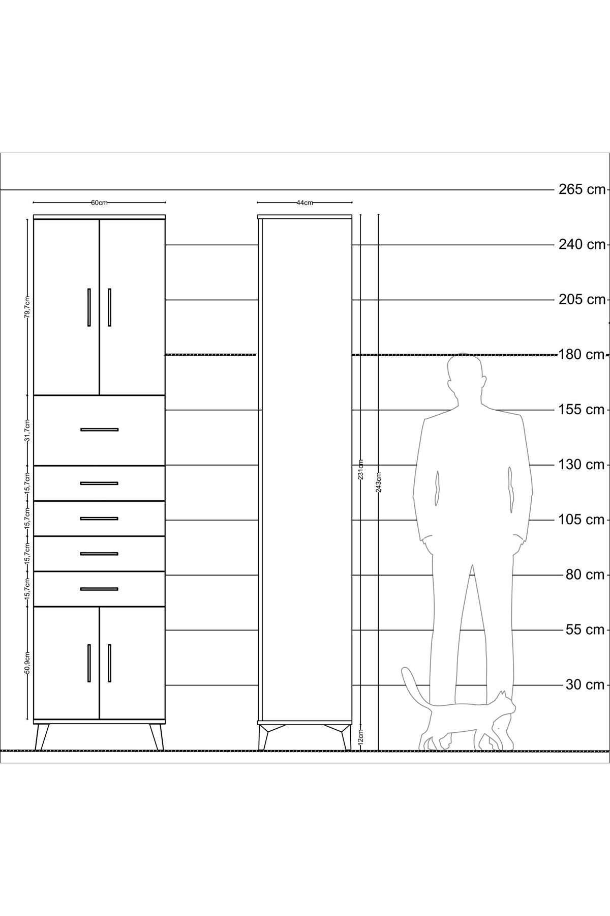 Hyperion Dolap 2 Raflı 5 Çekmeceli 4 Kapaklı 60x44x243 Çam-Aytaşı