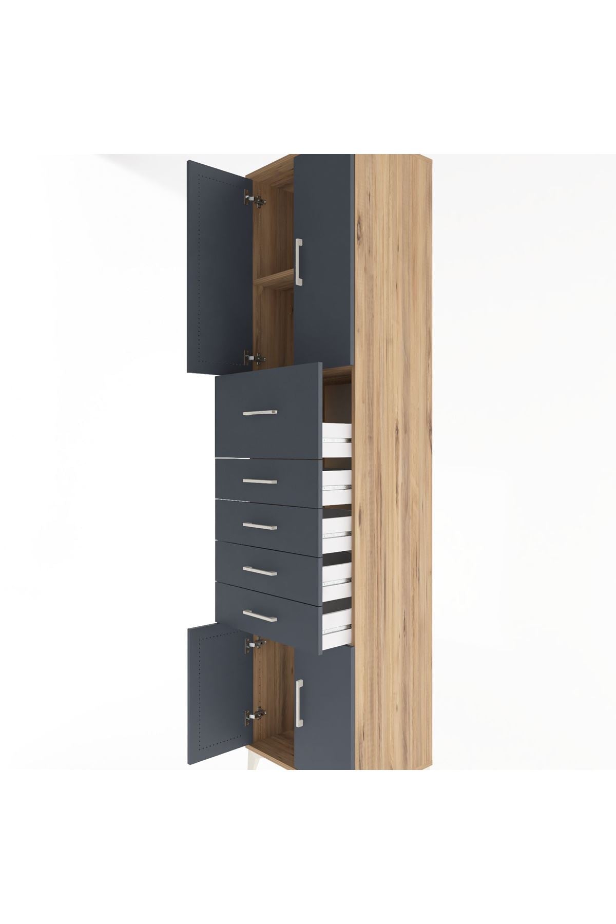 Hyperion Dolap 2 Raflı 5 Çekmeceli 4 Kapaklı 60x44x243 Çam-Antrasit