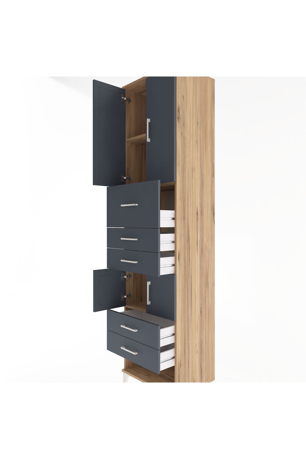 Hyperion Dolap 3 Raflı 5 Çekmeceli 4 Kapaklı 60x44x243 Çam-Antrasit