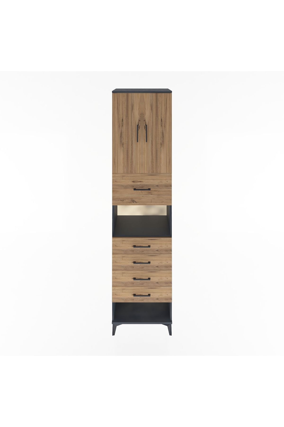 Hyperion Dolap 3 Raflı 5 Çekmeceli 2 Kapaklı 60x44x243 Antrasit-Çam