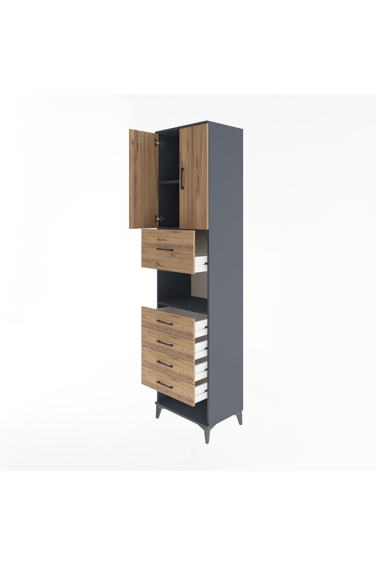 Hyperion Dolap 3 Raflı 5 Çekmeceli 2 Kapaklı 60x44x243 Antrasit-Çam