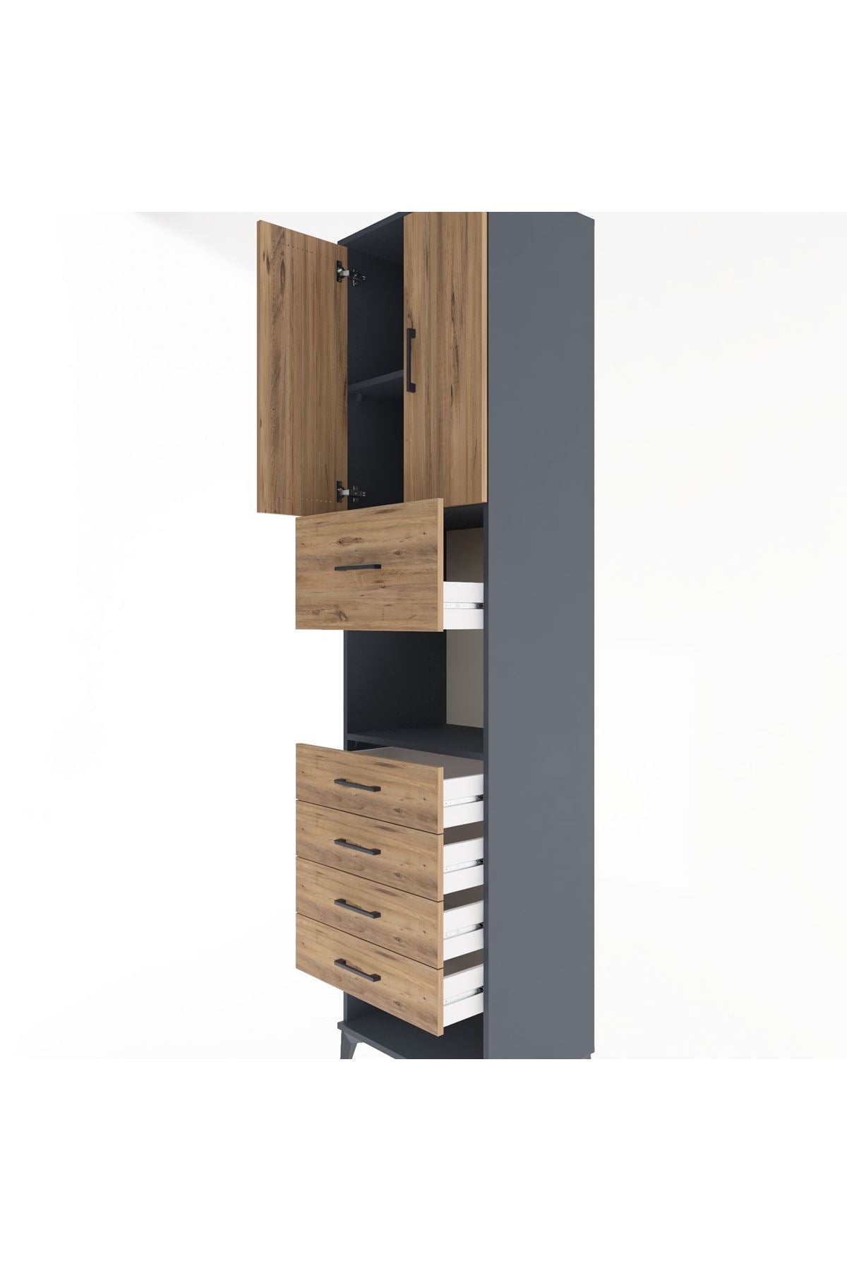 Hyperion Dolap 3 Raflı 5 Çekmeceli 2 Kapaklı 60x44x243 Antrasit-Çam