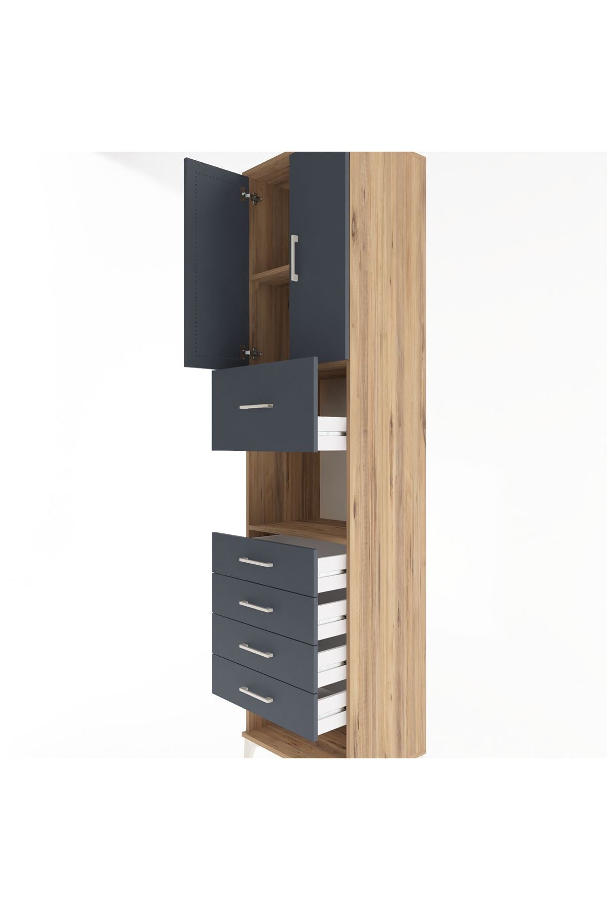 Hyperion Dolap 3 Raflı 5 Çekmeceli 2 Kapaklı 60x44x243 Çam-Antrasit