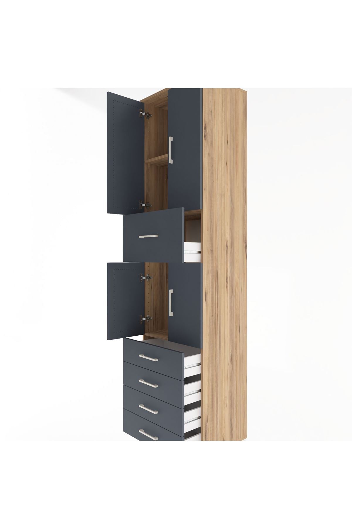 Hyperion Dolap 3 Raflı 5 Çekmeceli 4 Kapaklı 60x44x243 Çam-Antrasit