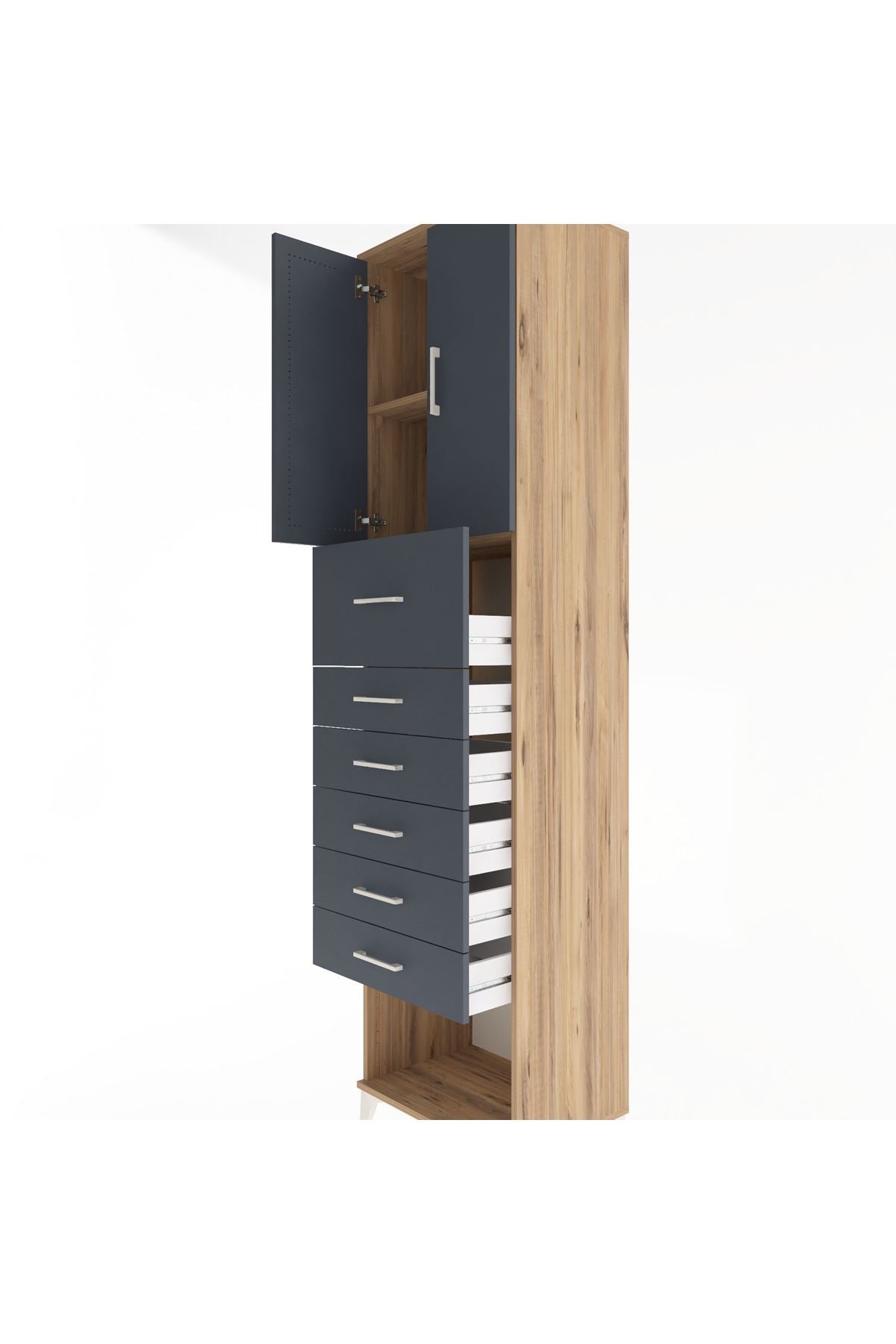 Hyperion Dolap 2 Raflı 6 Çekmeceli 2 Kapaklı 60x44x243 Çam-Antrasit