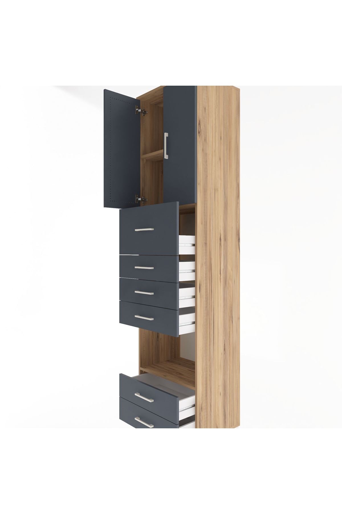 Hyperion Dolap 3 Raflı 6 Çekmeceli 2 Kapaklı 60x44x243 Çam-Antrasit