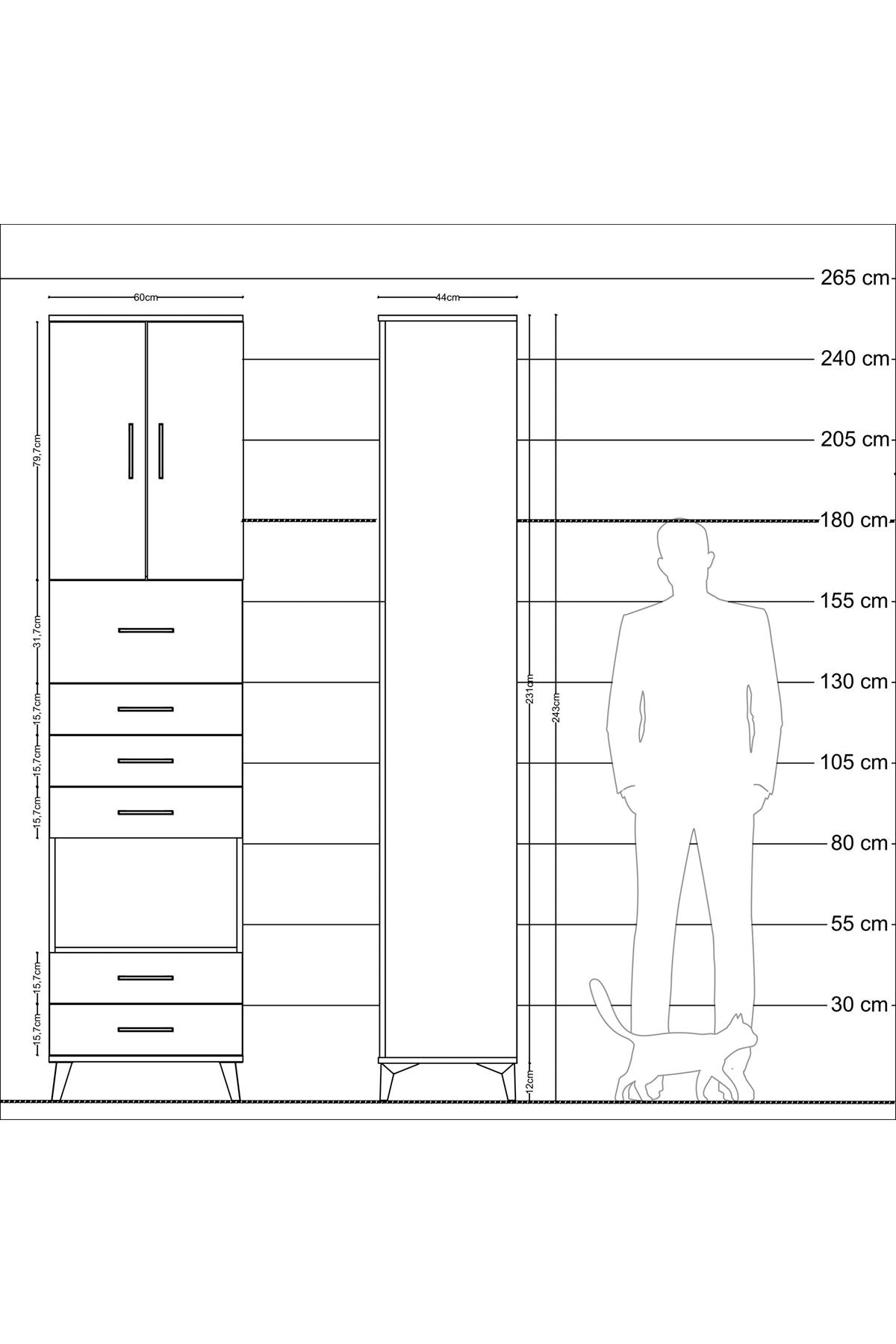 Hyperion Dolap 3 Raflı 6 Çekmeceli 2 Kapaklı 60x44x243 Çam-Çam