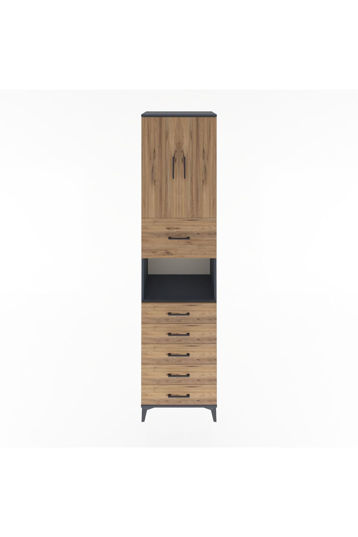 Hyperion Dolap 3 Raflı 6 Çekmeceli 2 Kapaklı 60x44x243 Antrasit-Çam