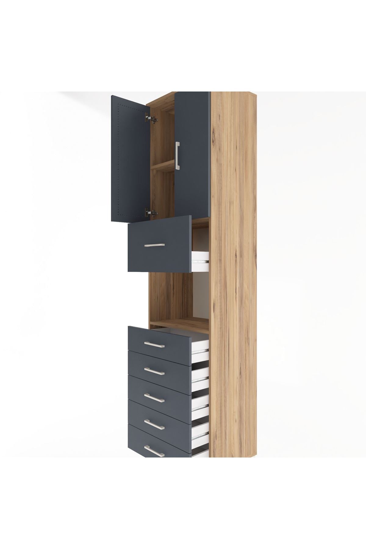 Hyperion Dolap 3 Raflı 6 Çekmeceli 2 Kapaklı 60x44x243 Çam-Antrasit