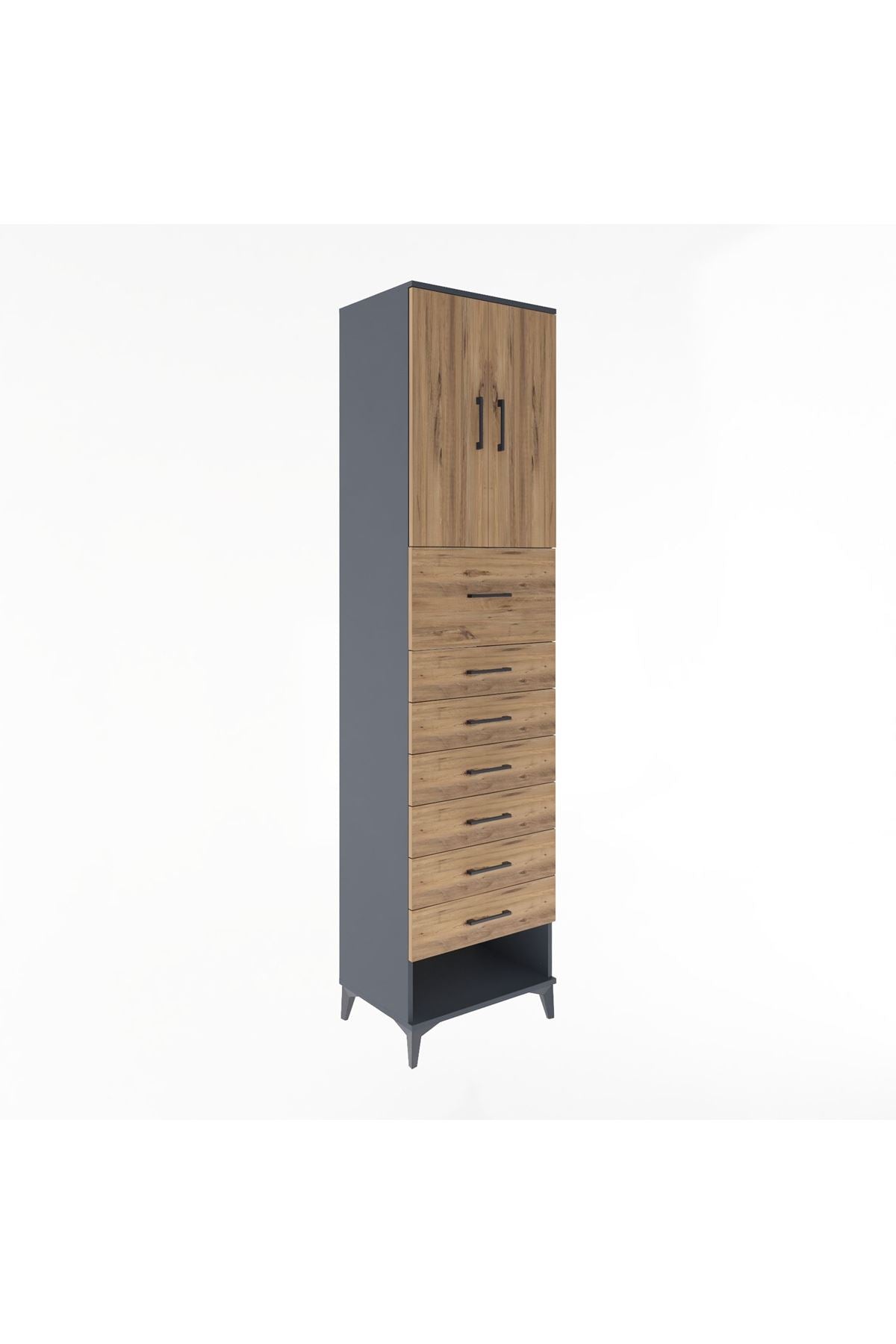 Hyperion Dolap 2 Raflı 7 Çekmeceli 2 Kapaklı 60x44x243 Antrasit-Çam