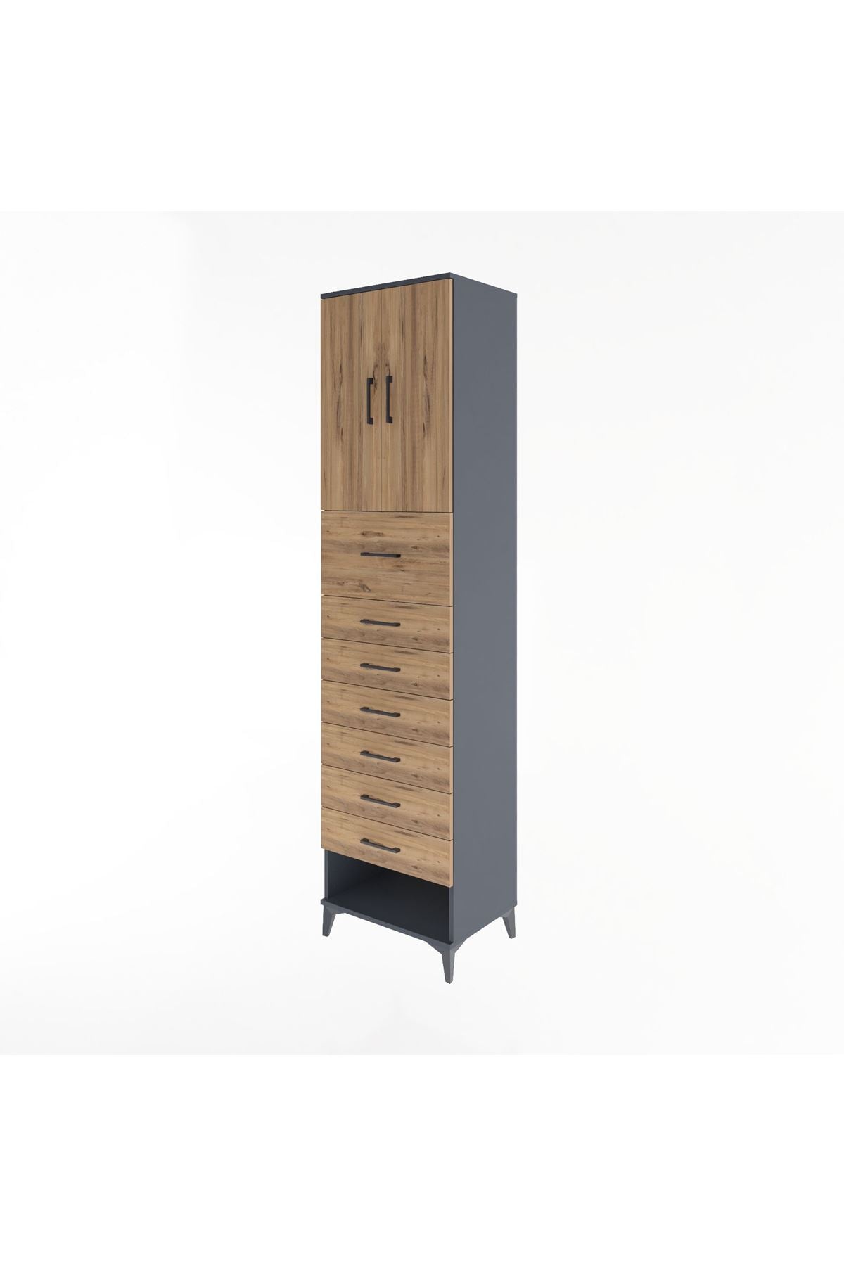 Hyperion Dolap 2 Raflı 7 Çekmeceli 2 Kapaklı 60x44x243 Antrasit-Çam